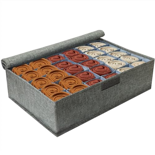 PINGMIC Gray Sock Organizer Divider 1 Pack with Lid - 30 Cell Foldable Closet Storage, Tie Organizer For Men Boxes for Socks, Ties, Belts - color: 1PACK