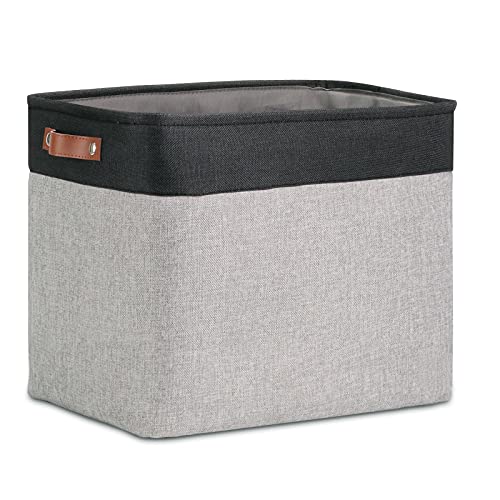 DULLEMELO Large Collapsible Storage Basket/Bin with Sturdy Leather Handles, Fabric Organizer Bin for Storage Clothes, Toys, Books, Office, Bedroom, Closet, Nursery & Laundry (Black&Gray) - color: Black&Gray, size: Large-17"x12"x15"