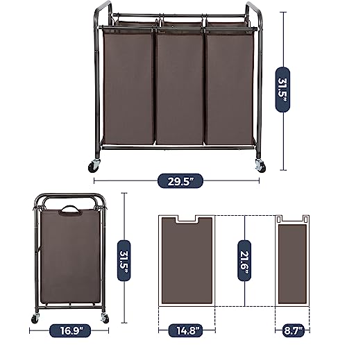 STO STO Laundry Sorter 3 Section, 3 Bag Clothes Hamper, Rolling Laundry Cart Basket with Heavy Duty Lockable Wheels and Removable Bag for Laundry Room, Bedroom, Closet, Brown - color: Brown, size: 3-Section