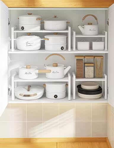 2 Pack Expandable Cabinet Shelf Organizer Riser for Kitchen Pantry Cupboard Under Sink Countertop (2 pack 8.2’’D * 12.2-21.6’’W * 10.4’’H) (white) - color: White, size: 8.2''D * 12.2-21.6''W * 10.4''H(2 Pack)