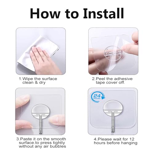 JINSHUNFA Adhesive Wall Hooks 13LB Heavy Duty No Drill Transparent Waterproof Hooks for Bathroom Kitchen Towel Coat 12 Pack - size: 12 Medium hooks
