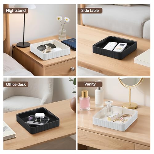 Small Valet Tray, 8"x8" Nightstand Organizer for Women Men| PU Leather Desk Organizer Trinket Dish| Decorative Vanity Tray Catch All Key Bowl for Dresser Bedside Coffee Table Entryway (Black) - color: Black