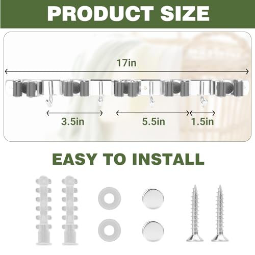 UNIFUN Broom Holder Wall Mount, Broom Organizer Wall Mount Stainless Steel Broom and Mop Hanger Heavy Duty Storage Organization for Home Kitchen Garden Garage Room 5 Racks 4 Hooks (1Pack)(Grey Racks) - color: Grey Racks