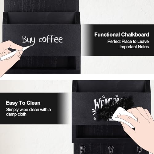 Key and Mail Holder for Wall, Key Holder with Chalkboard and Long Storage Box, Key Hanger with 3 Sturdy Hooks for Coat, Dog Leash, Entryway Mail Organizer (Black) - color: Black
