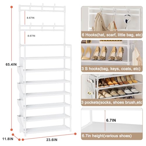 OYREL Shoe Rack 7 Tier Shoe Organizer Storage 21-28 Pairs Closet Shoes Rack for Front Door Entrance Shoe Rack Organizer with Hooks Side Pocket Entryway Large Capacity Shoe Shelf Tower Garage - color: White, size: 7 Tier (23.6"Wx 65.4"H)
