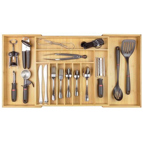 KitchenEdge Premium Silverware, Flatware and Utensil Organizer for Kitchen Drawers, Food-Safe Contract Grade, Expandable from 18 to 33 In, Natural Bamboo - color: Natural Bamboo, size: From 18" to 33" wide