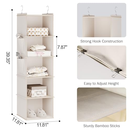 YOUDENOVA Hanging Closet Organizer, 5-Shelf Closet Hanging Storage Shelves, Beige - color: Beige, size: 5-SHELF