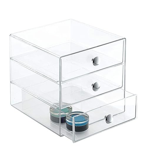 AJIODA Makeup Drawer Organizer Box with 3 Drawers, Acrylic Cosmetic Display Case Vanity Organizer Jewelry Storage Box Stackable Storage for Cosmetics, Skin Care, Bathroom, Countertop, Silver Handle - color: Silver Handle
