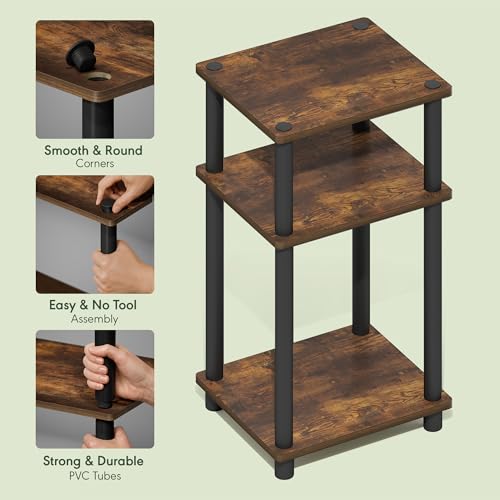 Furinno JUST Side Table, 3-Tier End Table, Open Shelves Night Stand, Bedside Table, Toolless Assembly, for Living Room, Bedroom, Bathroom, Amber Pine - color: Amber Pine/Black, size: 3-Tier, Round Pole, style: 1-Pack