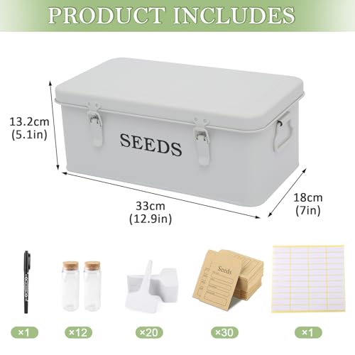 Seed Storage Organizer, 4 Compartment Seed Storage Box with Safety Lock, Metal Seed Box Seed Packet Container with 1 Pen, 12 Slots, 20 Plant Labels & 30 Seed Envelopes, White Gardening Gift - color: White Box with Slots