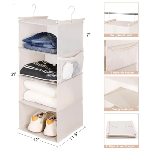 MAX Houser 4 Tier Shelf Hanging Closet Organizer, Closet Hanging Shelf with 2 Sturdy Hooks for Storage,2 Pack, Foldable (Beige) - color: Beige-5