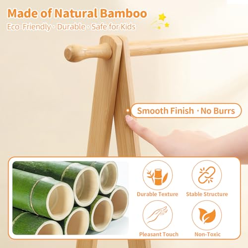 Foldable Kids Clothing Rack - Dress Up Storage with 2 Fabric Shelves, Bamboo Small Clothes Rack for Hanging Organizer, Kids Costume Wardrobe & Dress Up Rack for Bedroom, Playroom, Nursery (Natural)