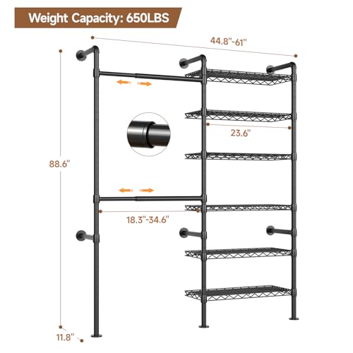 Wall Mounted Garment Rack, Walk-in Closet System with Expandable Rods, Adjustable Shelves, Industrial Pipe Clothing Racks, Hanging Clothes Organizers and Storage, Metal Closet Shelving Wardrobe - color: Black