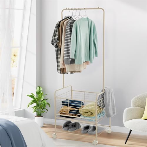GarveeHome Metal Laundry Cart with Hanging Rack & Storage Shelves | 3 in-1 Rolling Hamper with Wheels for Clothes, Towels and Toys | Space Saving Organizer for Small Apartment/Bathroom