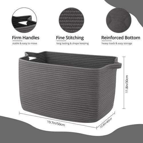 OIASKET Large Toy Basket, Rectangle Woven Rope Storage Basket for Blankets, Dirty Clothes, Shoes, Nursery Organizer Bins (Dark Grey) (Pack of 2) - color: Dark Grey, size: 19.7"x15.8"x11.8" (Pack of 2)