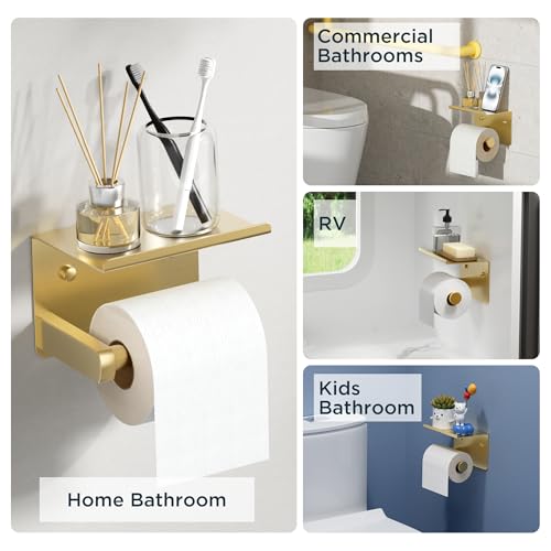 FORIOUS Toilet Paper Holder with Shelf, Adhesive or Screw Wall Mount Toilet Paper Roll Holder for Bathroom, 304 Stainless Steel Commercial Toilet Tissue Roll Dispenser with Phone Shelf (Brushed Gold) - color: Brushed Gold