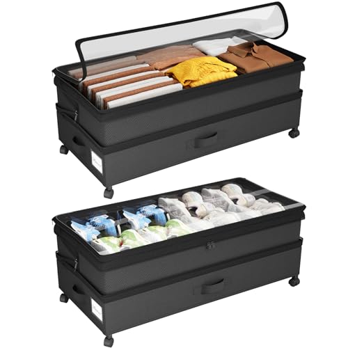 Kitstorack 2Pack Height-adjustable Under Bed Storage with Wheels, Under Bed Storage Containers,Under Bed Shoe Storage Organizer with Clear Window&Label, Suitable for Clothes Storage, Black - color: Black, size: 2 Pack