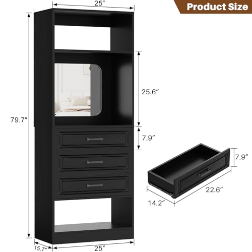 Unikito 25”Freestanding Closet System with 3 Drawers, Organizer Wardrobe with Storage Shelves and Mirror, Sturdy Wood Walk-in Organizer Systems for Small Closets, 25" W x 16" D x 80" H, Black - color: Black, size: 25 Inch