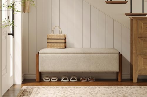 Modern Storage Benches with Walnut Wood Legs, 47'' Ottoman Bench with 20 Gallons Storage Space for Bedroom End of Bed, Fabric Upholstered Entryway Bench with Seating for Livingroom, Beige - color: Beige