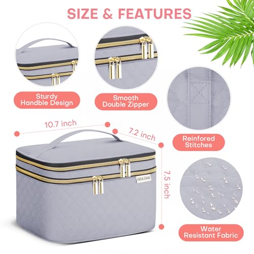 HXLGMD Large Makeup Bag with Mirror Double Layer Travel Make Up Organizer Case, Large Capacity Coemetic with Brush Slot Divider, Travel Toiletry Bag for Women (Grey) - color: Grey