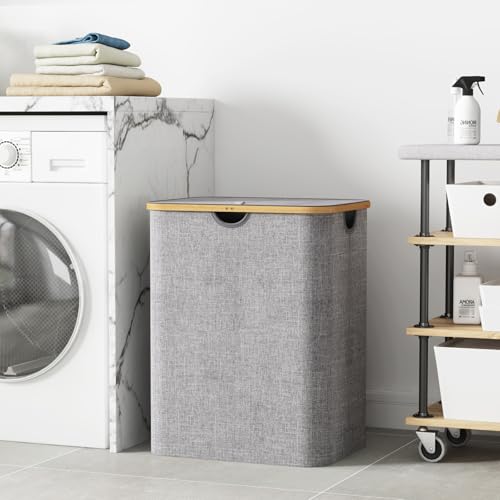 Lifewit 120L Laundry Basket with Lid, Clothes Hampers for Laundry with Bamboo Handles and 1 Removable Bag, Large Foldable Laundry Hamper for Bedroom, Bathroom, Dorm, Laundry Room, Light Gray - color: Light Gray, size: 120L
