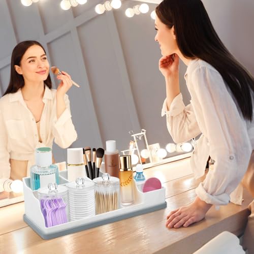 Bathroom Counter Organizer, Large White Silicone Toothbrush Holders for Bathrooms Organizer Countertop with 3PCS Qtip Holder, Toothbrush and Toothpaste Holder for Bathroom Organization Storage Vanity - color: White Grey With 3pcs Clear Dispenser