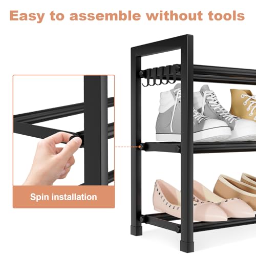 LANTEFUL Adjustable 18"-33" Expandable Shoe Rack for Closet 12 Pairs Small Spaces 3 Tier Shoe Organizer with 5 Hooks Metal Shoe Shelf for Entryway, Bedroom