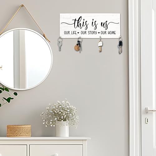 This is Us Wooden Key Holder for Wall - 5"x10" Key Organizer Hanger with 4 Hooks for Home Front Door Hallway Entryway Kitchen - Home Office Decor & Housewarming Gifts Supplies - A05 - color: This Is Us