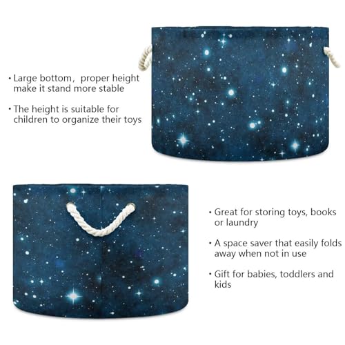 Galaxy Print Round Storage Basket Universe Starry Sky Large Laundry Hamper Space 20 x 20 x 14 Inches Organizer Bin with Cotton Rope Handles Clothes Storage Bag for Nursery Bedroom Living Room Decor - color: Navy Blue