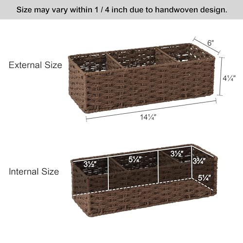 StorageWorks 3-Section Wicker Baskets for Shelves, Hand-Woven Round Paper Rope Storage Baskets, Walnut, 2-Pack - color: Walnut, size: 14¼"L x 6"W x 4¼"H