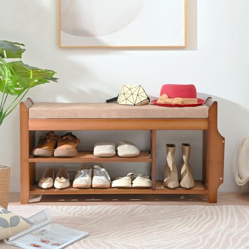 PETKABOO Shoe Bench with Hidden Drawer and Side Holder, 2 Tier Entryway Bench with Storage 39.4 in, Bamboo Shoe Rack with Cushion for Entryway Hallway Living Room Bedroom - size: 39.4 in