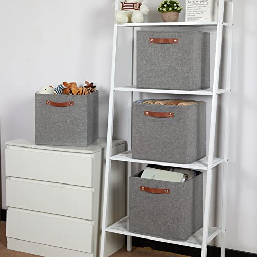 Temary 12x12 Storage Cube Bins 4 Pack Fabric Storage Cubes Storage Bins with Leather Handles, Storage Baskets Foldable Cube Organizers Bins for Home (Grey) - color: Grey, size: 12×12×12
