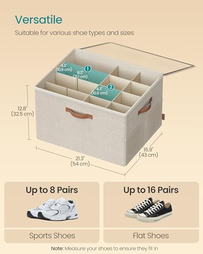 SONGMICS Shoe Organizer for Closet, Shoe Storage Bin, Fits 16 Pairs, Fabric Container with Handles and Clear Cover, Adjustable Dividers, Customizable, Cappuccino Beige ULSP555K01 - color: Cappuccino Beige, size: 1 Pack