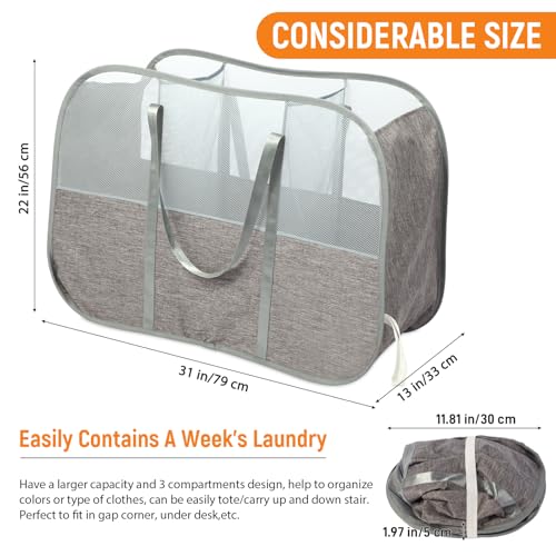 Collapsible Laundry Baskets with 3 Compartment, 150L Tear-proof Pop Up Hamper, Foldable Laundry Basket with Tote Handles, Dirty Clothes Hamper for Laundry, Bedroom, Bathroom, Dorm Grey - style: 3 Compartments- Grey