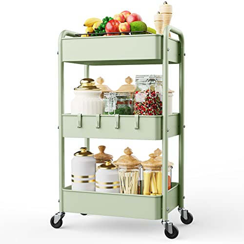 LEHOM 3 Tier Rolling Storage Cart, Metal Trolley Utility Cart with Wheels & Hooks, Easy Assembly Organizer Storage Cart for Bathroom Kitchen Office Bedroom - color: Green