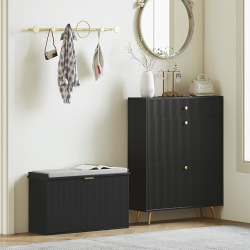 HOMCOM Narrow Shoe Bench with Padded Seat Cushion and Flip-Drawer, Small Entryway Bench Holds up to 265lb, Shoe Cabinet, 31.5x10.2x18.7 Inches, Black - color: Black, size: 31.5" x 10.2" x 18.7"