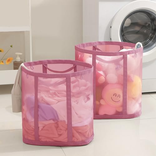 Mesh Bag with Handles, Collapsible Laundry Basket, Foldable Laundry Bag, Breathable Folding Beach Bag,Space-saving Travel Tote Bags (1, Pink) - color: Pink