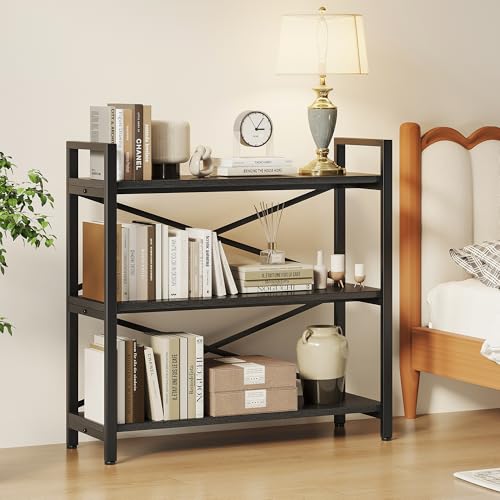 Homeiju 3 Tier Bookshelf 31.49" Width, Wood and Metal Etagere Bookcase, Vintage Farmhouse Modern Wooden Big Book Shelf for Home Living Room Bedroom Office Storage(Black) - color: Black 1, size: 3 Tier - 31.5" W