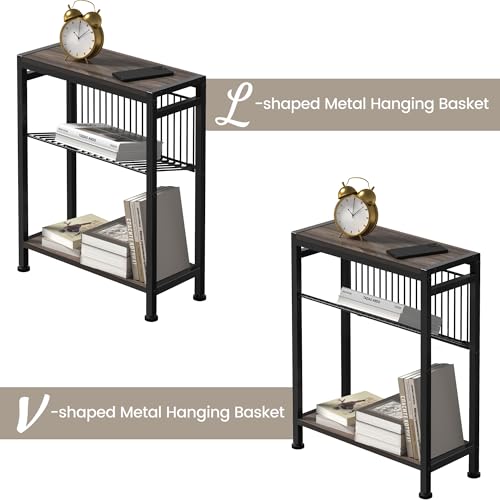 Side Table for Small Space, 3-Tier Narrow End Tablewith Magazine Holder,Slim Nightstand, Skinny Snack Couch Table in Living Room, Bedroom Study and Balcony(Ash Brown) - color: Ash Brown