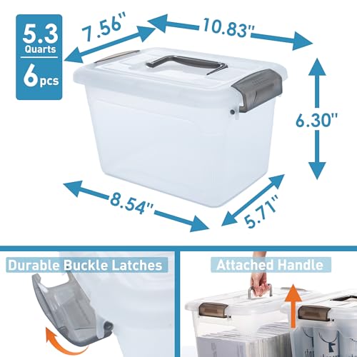 Citylife 6 Packs 6 QT Storage Bins with Lids Clear Plastic Bins with Grey Handle Stackable Storage Containers for Organizing - size: 6.0QT, style: 6 PACK