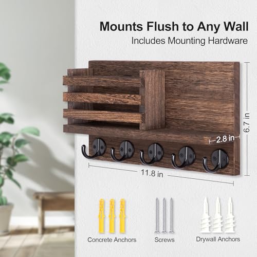Lwenki Key Holder for Wall – Decorative Wooden Mail Holder and Key Shelf with Mounting Hardware, Installation Guide – Paulownia Wood with Metal Key Hooks (Brown, Large - 11.8inch) - color: Brown, size: Large - 11.8inch