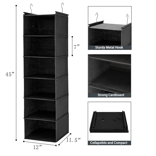MAX Houser 6 Tier Shelf Hanging Closet Organizer, Closet Hanging Shelf with 2 Sturdy Hooks for Storage, Foldable (Black) - color: Black
