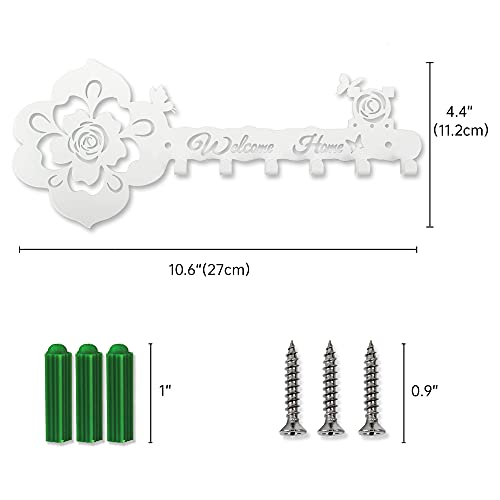 Deveosa Key Hooks Holder for Wall Decorative - Small White Entryway Welcome Home Sign Key Hanging Hangers Wall Mounted Racks - color: White Rose