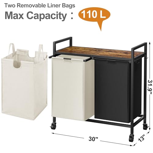 WOWLIVE Double Laundry Hamper with Lid,Rolling Laundry Basket Organizer with Wheels, Iron-Made Laundry Sorter with Top Shelf and 2 Removable Bags,Large Clothes Storage for Room,Black and Beige - color: Black and Beige, size: 110L (30.0 x 13 x 32 Inches)