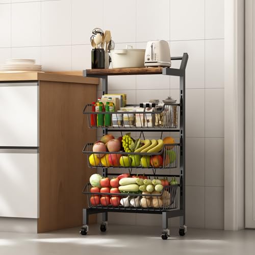 DGSANDGO 4-Tier Slim Rolling Storage Cart, Narrow Kitchen Cart with Lockable Wheels & Water-Resistant Wooden Tabletop, Small Space Utility Cart for Kitchen/Bathroom/Living Room/Laundry Room - color: Rustic Brown