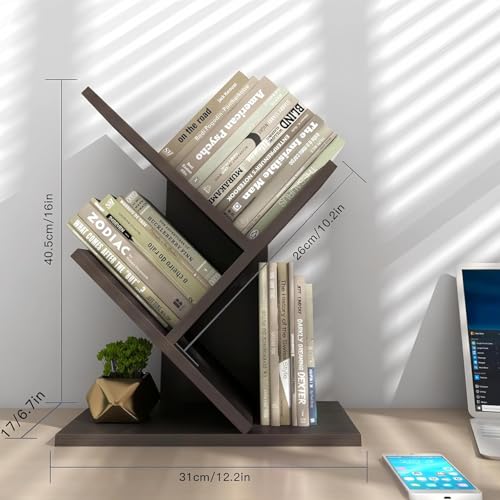Godferyxin Tree Bookshelf, 3-Tier Wood Small Bookshelf and Mini Bookcase for Office, Home or School Desk Book Shelf for for Displaying Books, CDs, Magazines Wood Storage Rack - color: 3-tier-black Coffee