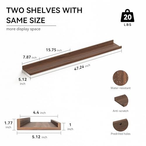 Boswillon 47.2 Inches Long Floating Shelves Wall Mounted, 2 Set Farmhouse Wall Shelf for Bedroom, Nursery Book Shelf with Lip, Picture Ledge Shelf for Decor Living Room Bathroom Kitchen - Walnut - color: Walnut, size: 47.2 in