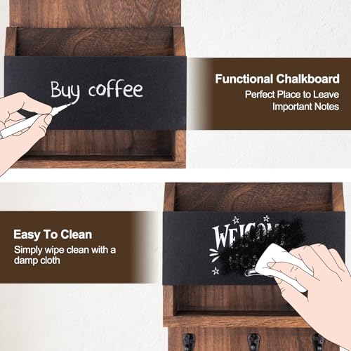 Key and Mail Holder for Wall, Key Holder with Chalkboard and Long Storage Box, Key Hanger with 3 Sturdy Hooks for Coat, Dog Leash, Entryway Mail Organizer (Brown) - color: Brown