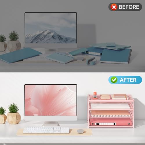 Lavatino 3-Tier Letter Tray Desk Organizer, Mesh Metal Paper File Tray Organizer for Desk, Office Supplies & Home Organization, Fits A4 Paper, Mail, Magazines & Office Accessories (Pink with Handle) - color: 4-tier With Handle - Pink