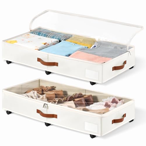 6 Inches Under Bed Storage with Wheels Pack of 2, Underbed Shoe Storage Container Bin with Clear Lid Cover, Rolling Under Bed Drawer Storage Bag Basket for Shoe Organizer Sheet Sweater - White - color: White, size: 6 Inches Tall